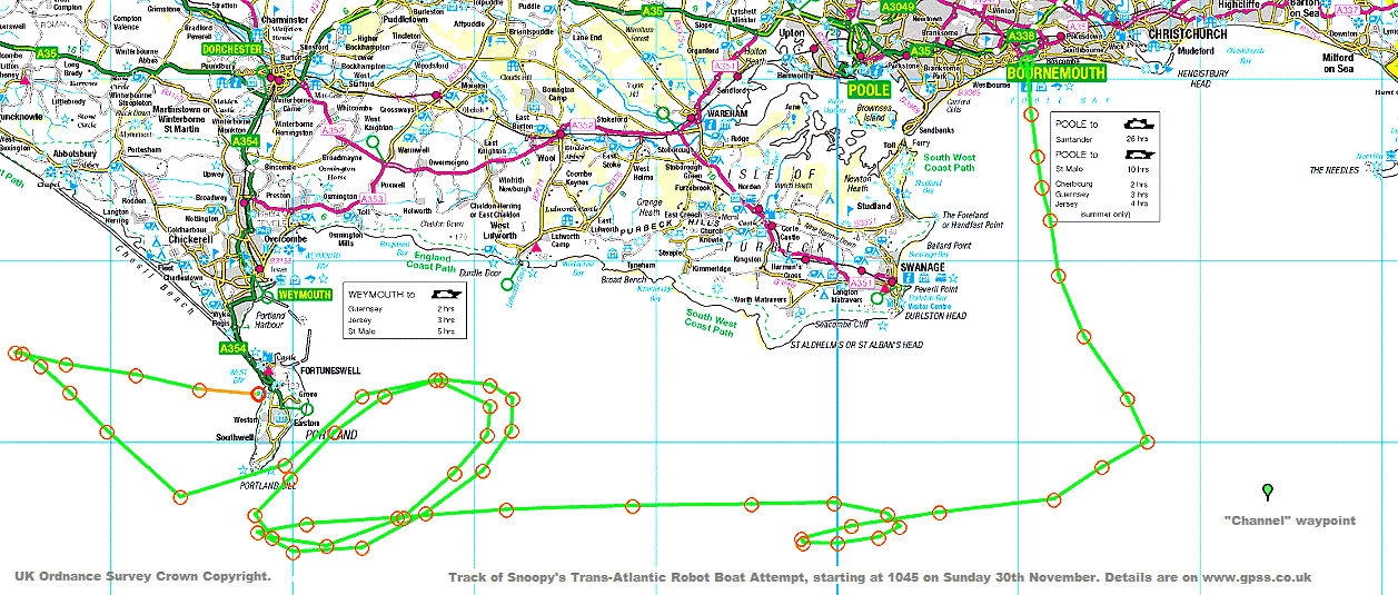 Snoopy's track on an Ordnance Survey map